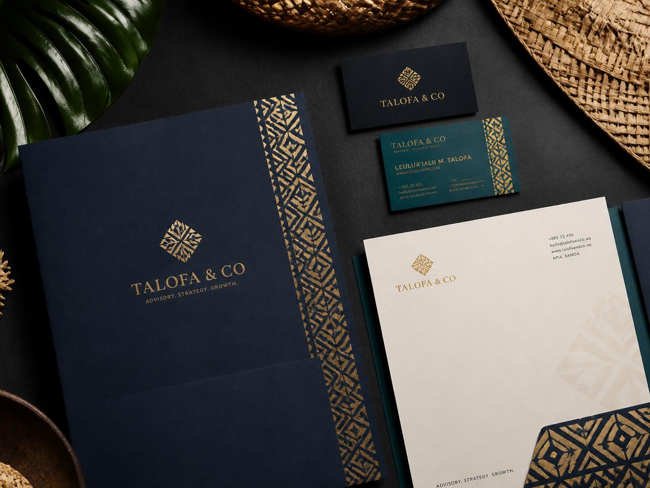 Talofa & Co Samoan brand identity stationery with gold tapa patterns