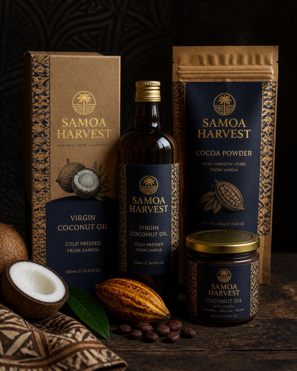 Samoa Harvest coconut oil and cocoa packaging design