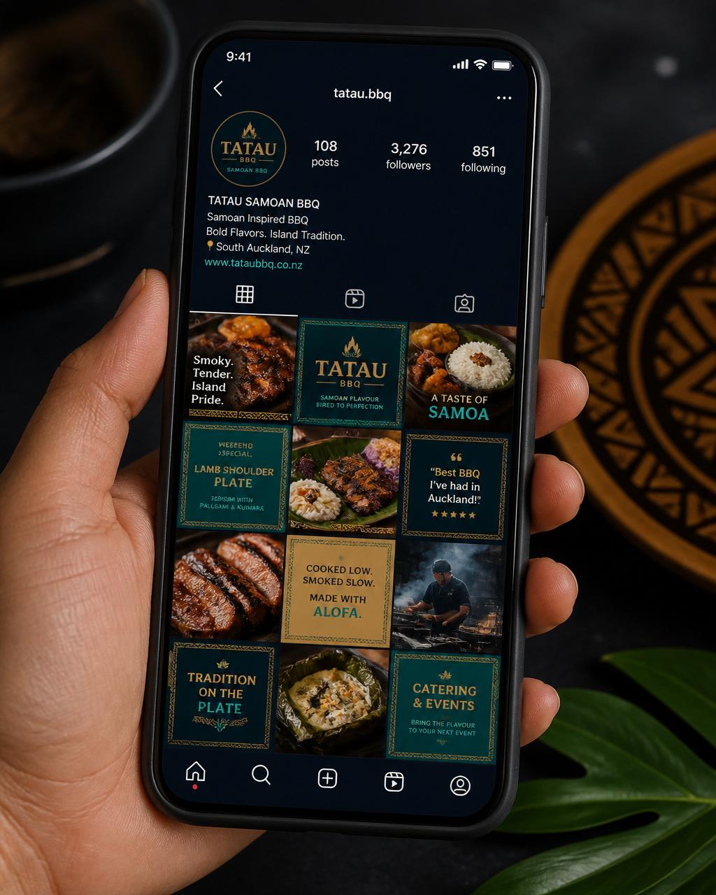 Tatau Samoan BBQ social media grid on a phone