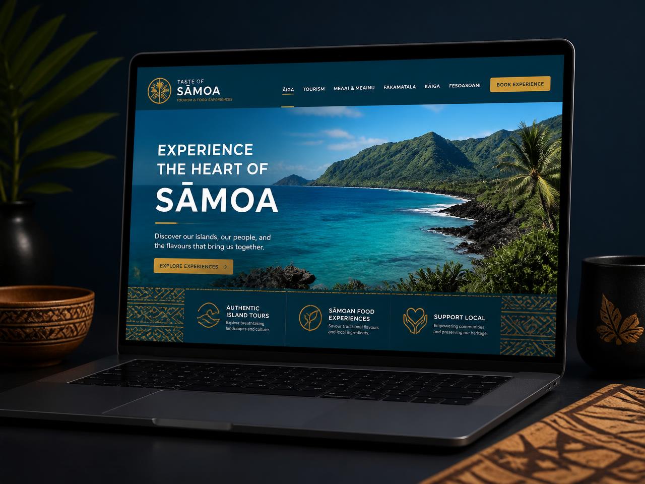 Taste of Samoa tourism website design on a laptop