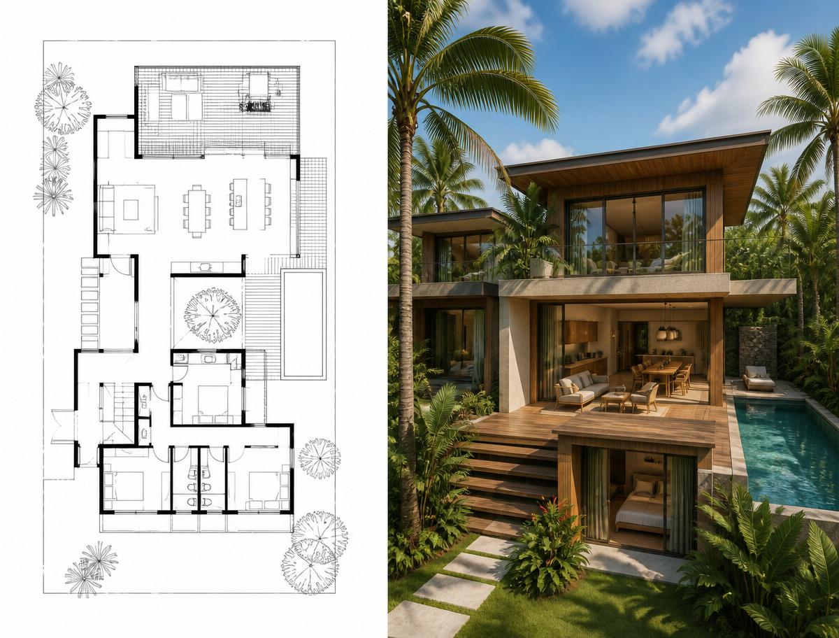 Blueprint to photorealistic 3D render